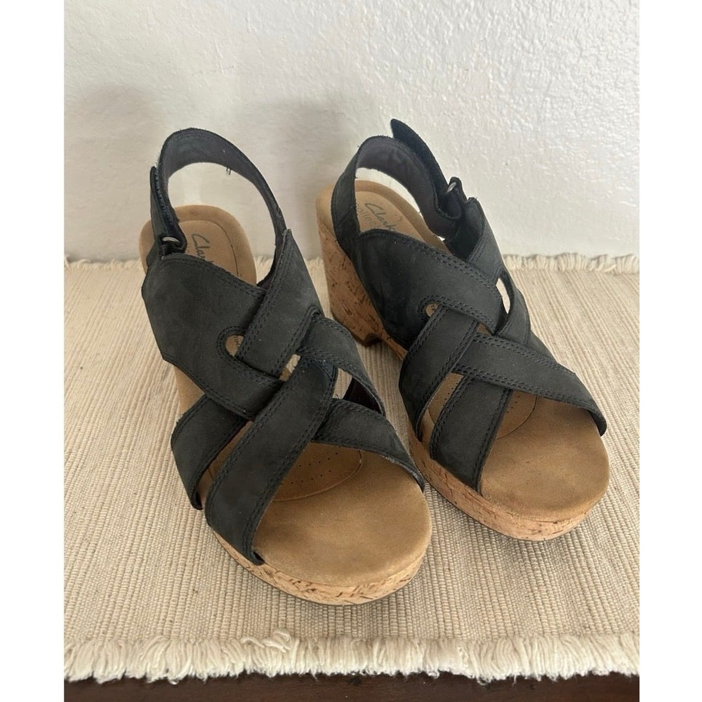 Women's Clarks Collection Comfort Leather Cork Wedges Navy Blue Sandals Size 10